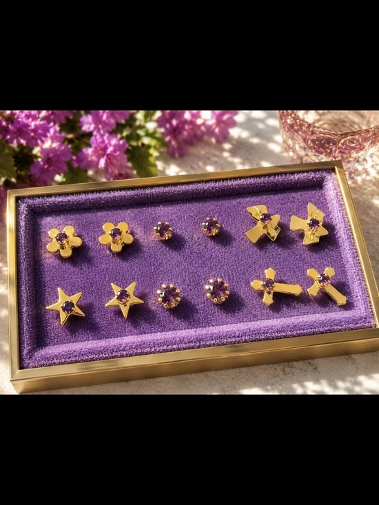 Jewelry - Set Of 6 Pairs February Gold Earrings With Amethist Stones Cross Stars Flowers